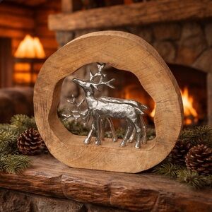 Rustic Mango Wood & Silver Deer Sculpture